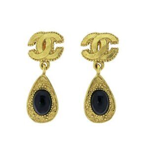 Chanel Earrings 96 A Pair Coco Mark Color Stone Black Gold Accessories